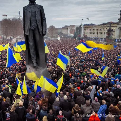 Image similar to a crowd of people with ukrainian flags destroy a statue of vladimir lenin, leica sl 2 5 0 mm, dslr, vivid color, high quality, high textured, real life