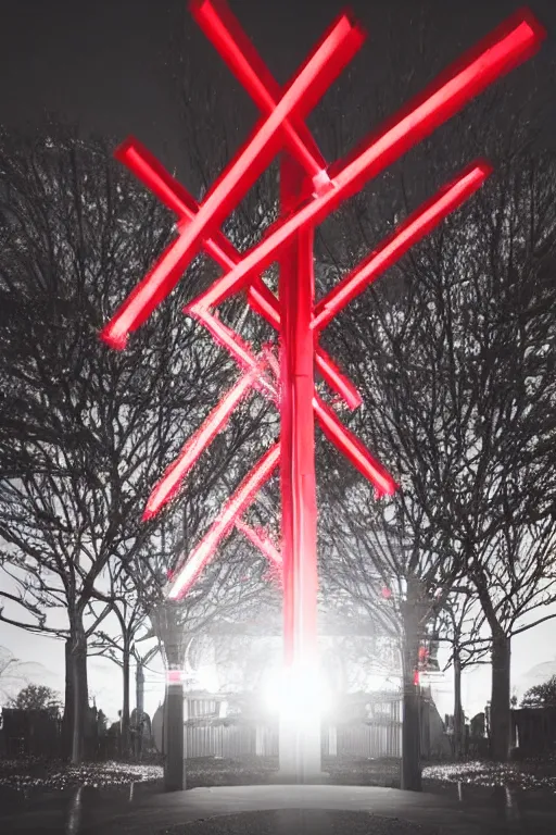 Image similar to Three giant red crosses made out of light beams in the center of a city