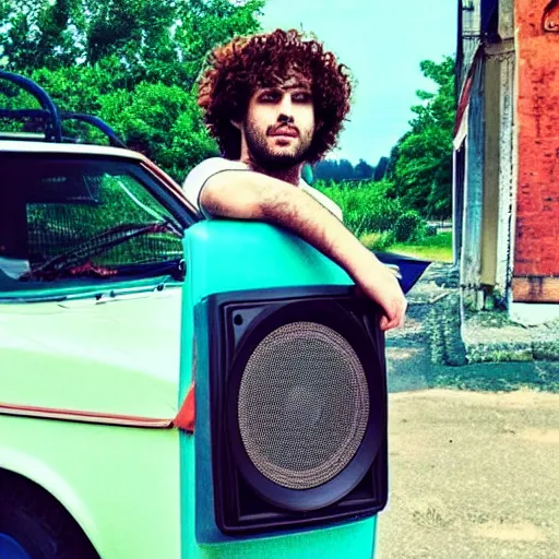 Image similar to aesthetic photo of a guy with curly hair and colored clothes holding a big black speaker in front of a raw of parked Fiat Uno 70s style hippie. Interlaced picture. Instagram post. Vintage.