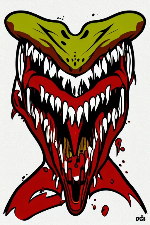 Image similar to Evil t-rex, the devil, sticker, blood thirsty, spawn of Satan, burning in hell, blood, evil, colorful, illustration, highly detailed, simple, smooth and clean vector curves, no jagged lines, vector art, smooth