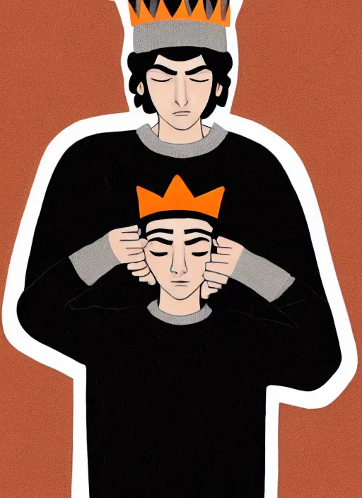 Image similar to portrait of teenage jughead jones wearing a light grey crown, symmetrical crown, sweater with picture of hamburger, eyes closed, crown, black hair, orange, intricate, elegant, glowing lights, warm lighting, highly detailed, digital painting, artstation, concept art, smooth, sharp focus, illustration, art by wlop, mars ravelo and greg rutkowski