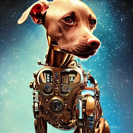 Image similar to a beautiful ultradetailed fine art photo of an ancient aztec hairless cybernetic cyborg dog set against galactic space, by tom bagshaw and anna dittman, portrait, soft backlighting, robotic arch around the dog, 5 0 mm lens, golden ratio composition, detailed faces, studio lighting, very detailed, industrial mechanical robot dogs, artstation, 8 k, highly coherent