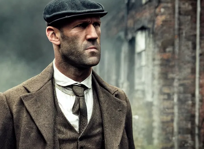 Image similar to film still of !!!!Jason Statham!!! as Thomas Shelby in Peaky Blinders, 4k