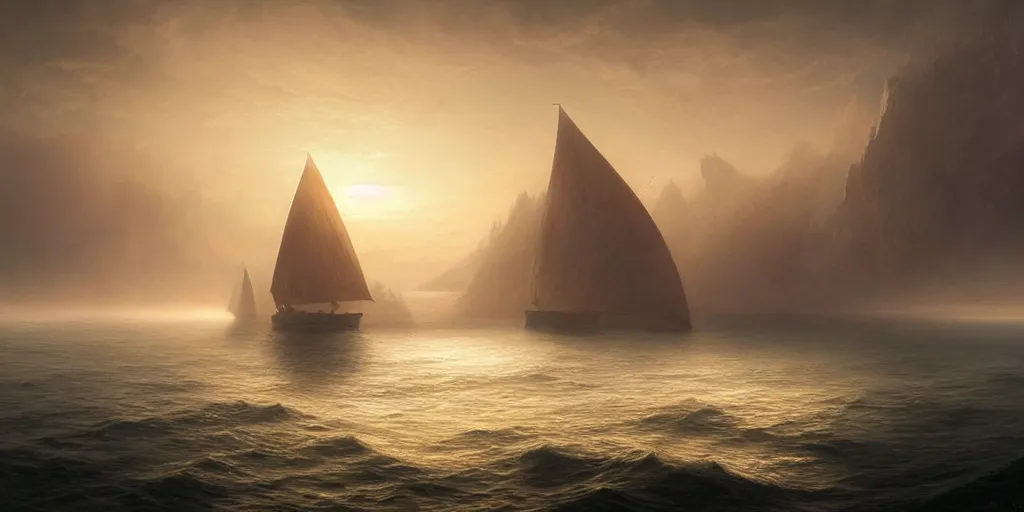 Image similar to strange sea surface of planet at sunset, caustics, refraction, sailing ship on horizon, ultra high definition, ultra detailed, symmetry, fog, matte painting, by greg rutkowski and ross tran and wlop