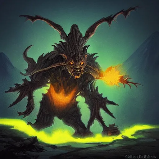 Image similar to “a highly detailed goblin with dark skin and yellow eyes that glow, Like magic the gathering, goblin chainwalker, with a volcano in the background, digital art, by Christopher rush”
