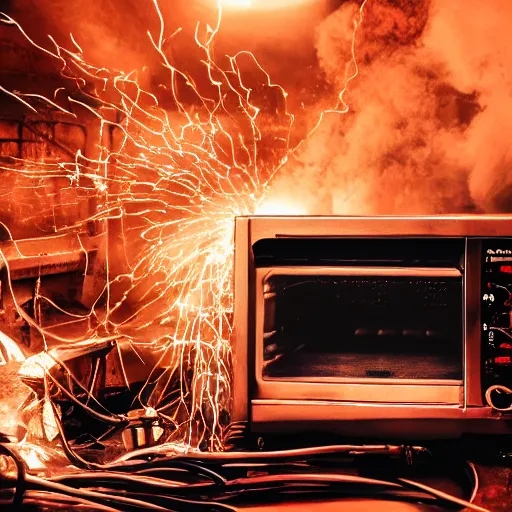 Image similar to overcharging toaster oven, tangles of metallic cables, dark messy smoke - filled cluttered workshop, dark, dramatic lighting, orange tint, sparks, plasma charges, cinematic, highly detailed, sci - fi, futuristic, movie still