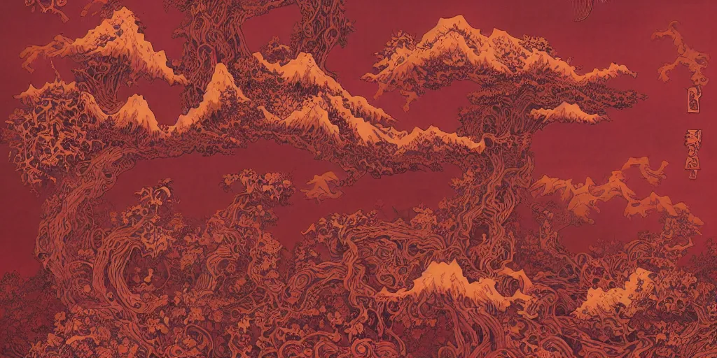 Prompt: dark red paper with intricate designs,tarot card ,a mandelbulb fractal dolomites and hay monsters, tyrolean folklore masks,full of golden layers, flowers, cloud, vines, mushrooms, swirles, curves, wave,by Hokusai and Mike Mignola, trending on artstation,elaborate dark red ink illustration