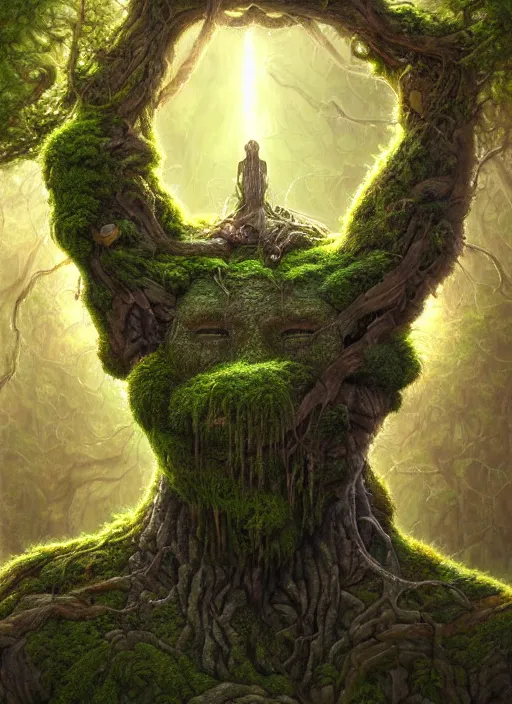 Image similar to Portrait of an Ancient Robot with a tree growing out of its head, patches of moss, translucent leaves, extremly detailed digital painting, in the style of Tomasz Alen Kopera and Fenghua Zhong and Peter Mohrbacher, mystical colors, rim light, beautiful lighting, 8k, stunning scene, raytracing, octane, trending on artstation