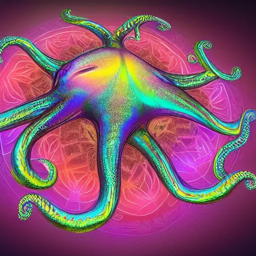 Prompt: a dramatic and beautiful digital matte painting of large iridescent octopus with legs made of fractal celtic knots, trending on cgartist, hi-fructose, mandala, string wall art, ultra detailed 8k