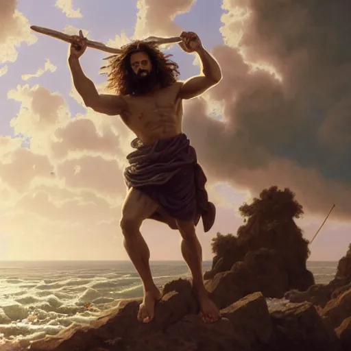 Image similar to an extremely detailed matte painting of a ridiculously good looking supply side jesus that looks like a jewish gigachad with his 1 2 apostle entourage droing keg stands, long curly hair, elegant ancient greek dress, very detailed, windy beach, beautiful, intricate, cinematic, artstation, william bouguereau, alphonse mucha, greg rutkowski, rossdraws, octane render