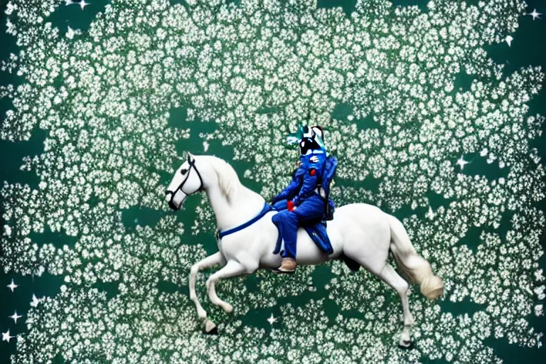 Image similar to an astronaut rode a white horse in a forest of osmanthus, surreal style, dreamy style