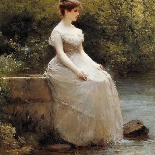 Image similar to young victorian lady in ball gown wading through a river, painted by alfred stevens