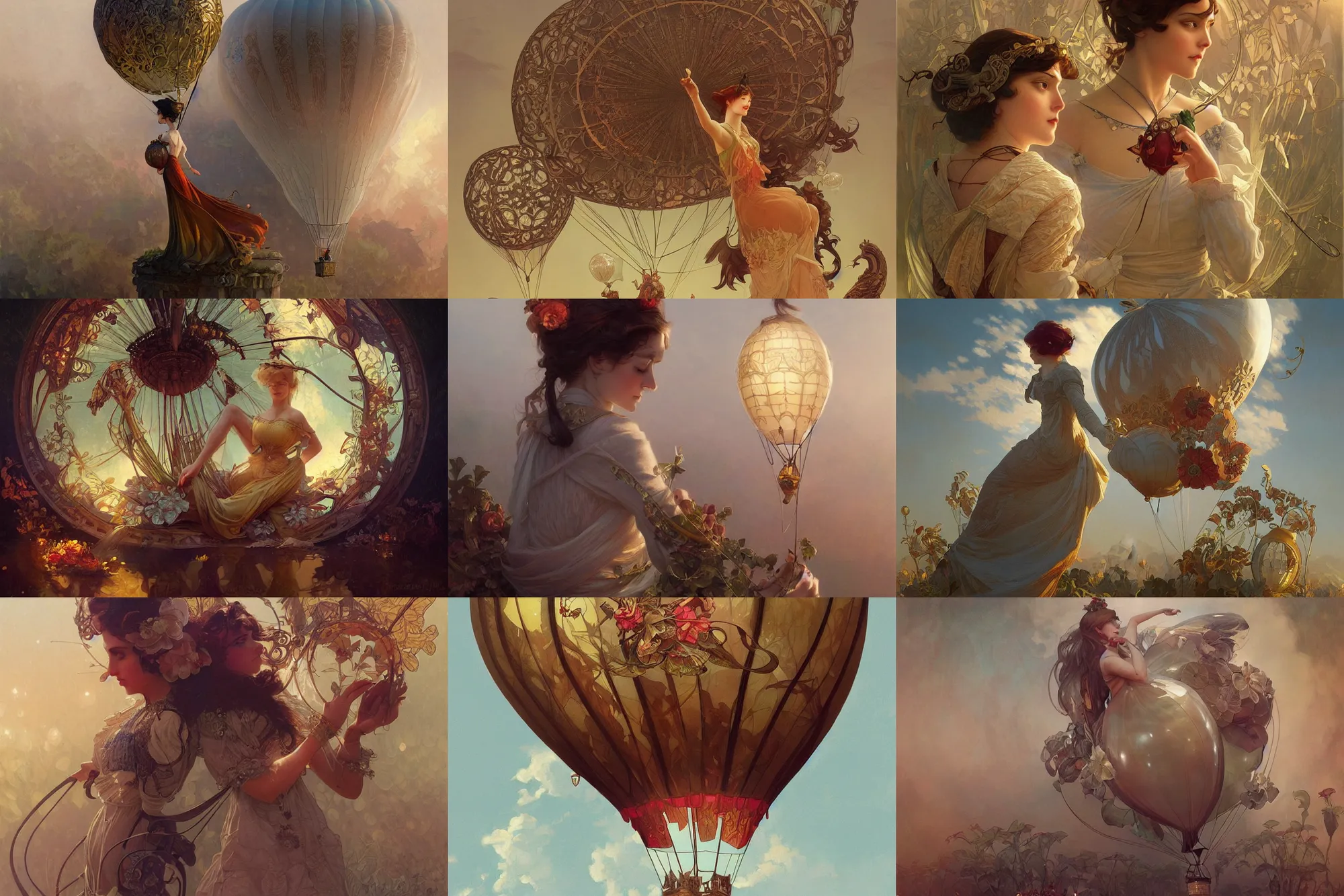 Prompt: 1920 balloon, fantasy, elegant, intricate, highly detailed, digital painting, artstation, concept art, sharp focus, illustration, art by artgerm and greg rutkowski and alphonse mucha