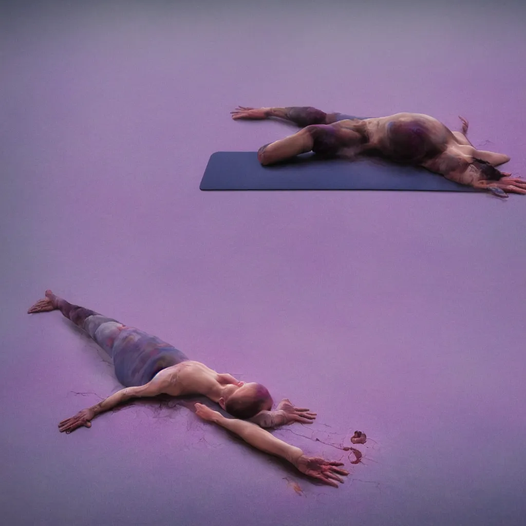 Prompt: iridiscent oil spill with women corpses connected by cables and computers to wax forms to a buried baby relaxing on yoga mat, faded, purple and red gradient, dust, purple fog, depth of field, by nadav kander and hans bellmer, 8 k, ultrarealistic, sad atmosphere, cinematic, 8 5 mm lens