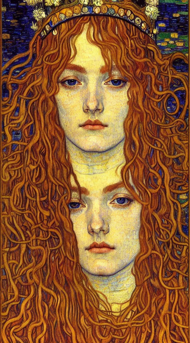 Image similar to detailed realistic beautiful young medieval queen face portrait by jean delville, gustav klimt and vincent van gogh, art nouveau, symbolist, visionary, gothic, pre - raphaelite, muted earthy colors, desaturated