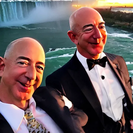 Prompt: jeff bezos in a tuxedo selfie on niagara falls, beautiful sunset, japanese tourists in the background