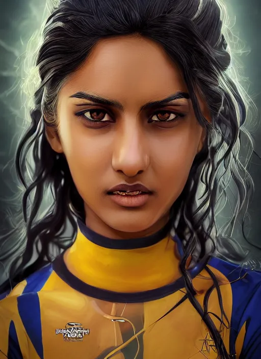 Image similar to An epic fantasy comic book style portrait painting of a very very beautiful young Indian woman, very expressive, dark piercing eyes, tomboy, mischievous, smirk, round face, very dark Nilotic tan skin, futuristic short black hair style, wearing a blue and yellow soccer uniform, arms crossed, unreal 5, DAZ, hyperrealistic, octane render, cosplay, RPG portrait, dynamic lighting