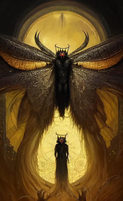 Prompt: a detailed portrait of a black mothman, wearing a golden crown, concept art, deep focus, intricate, highly detailed, digital painting, artstation, matte, sharp focus, illustration, art by greg rutkowski and alphonse mucha