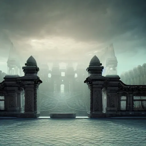 Prompt: super realistic architecture, ancient luxurious palace, surrounded by clouds and mist, micro details, 3 d sculpture, structure, ray trace 4 k, frontal view, hyperdetailed, volumetric lighting, dark color palette, epic composition, bio futuristic design digital art, hyperrealistic photo