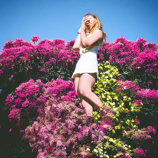 Prompt: a woman on top of a flower