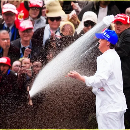 Image similar to donald j. trump spraying chocolate from his hands, chocolate spray landing on liberals