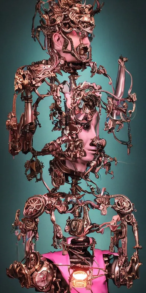 Image similar to full-body baroque and cyberpunk style sculpture of a young seductive Hispanic prince half android with a chest exposing a glowing gemstone battery and a CRT monitor face, glowing pink seductive laser eyes, crown of blue gears and diamonds, swirling salmon-colored silk fabric, robotic raptors dinosaurs. baroque elements. full-length view. intricate artwork by caravaggio. art by Artgerm and Greg Rutkowski and Alphonse Mucha and Tooth Wu and Beeple, Trending on artstation, cinematic industrial lighting, hyper realism, octane render, 8k, depth of field, 3D
