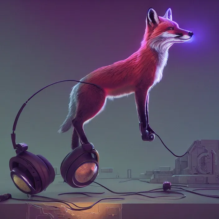 Image similar to fox with headphones, HD, 4K, intricate abstract. intricate artwork. by Tooth Wu, wlop, beeple, dan mumford, octane render, trending on artstation, greg rutkowski very coherent symmetrical artwork. cinematic, hyper realism, high detail, octane render, 8k, iridescent accents