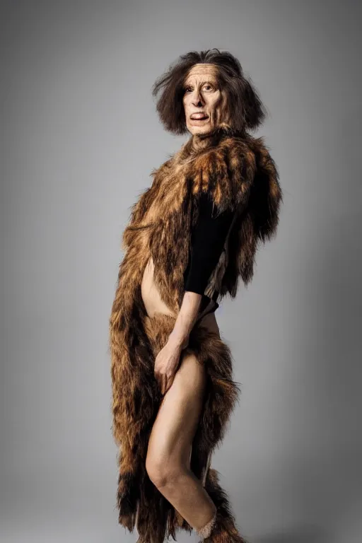 Image similar to a neanderthal woman wearing animal skin, posing as a model for vogue, studio lighting