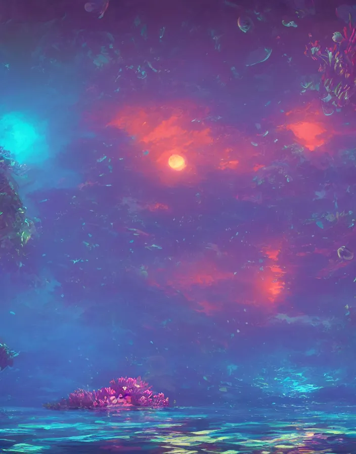 Prompt: thriving coral reef filled with tropical fish glowing at night in the sea under the moonlight with reflections, environment concept art, ethereal anime, high detail Impressionist style, dreamy light color palette, style of studio ghibli and moebius, concept art stunning atmosphere, trending on artstation, volumetric light