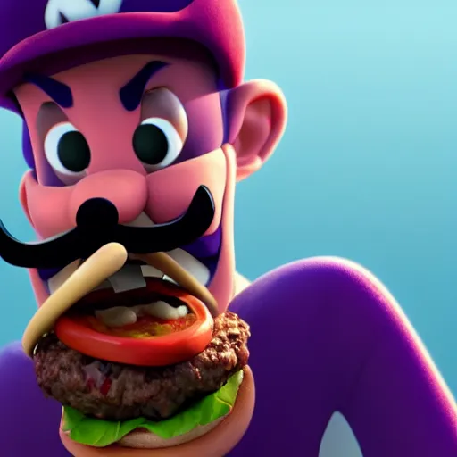 Image similar to waluigi eating hamburger, hyperrealistic, hyperdetalied, high quality, 8 k, high rendering, photorealistic, cinematic, cgsociety, artstation,