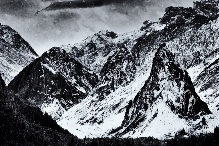 Image similar to tyrannosaurus rex large theropod dinosaur inside a valley, huge snowy peaks, in the style of ansel adams, black and white, old, master photography