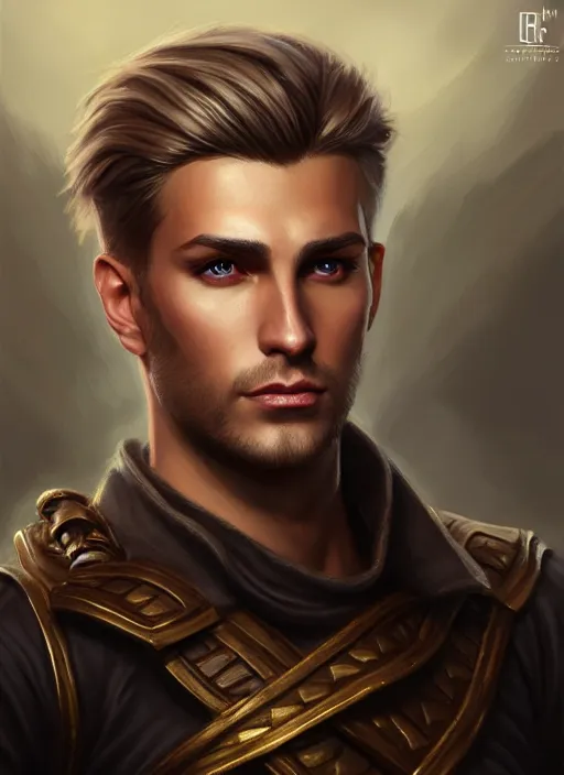 Image similar to a _ fantasy _ style _ portrait _ painting _ of male, medium dark blonde hair side part and blonde stubble, rpg dnd oil _ painting _ unreal _ 5 _ daz. _ rpg _ portrait _ extremely _ detailed _ artgerm _ greg _ rutkowski _ greg