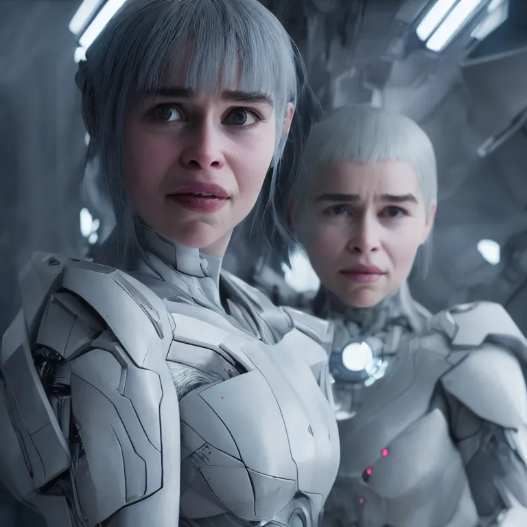 Prompt: scifi emilia clarke looks like ghost in the shell, extremely high detail, smiling woman, cyborg, photorealism, sony a 7 r