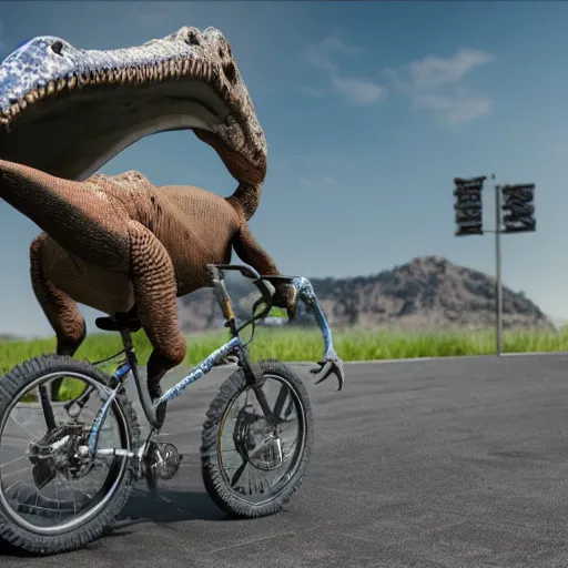 Image similar to Octane render of a silly dinosaur riding a bike outside, 8k, very intricate, very detailed,