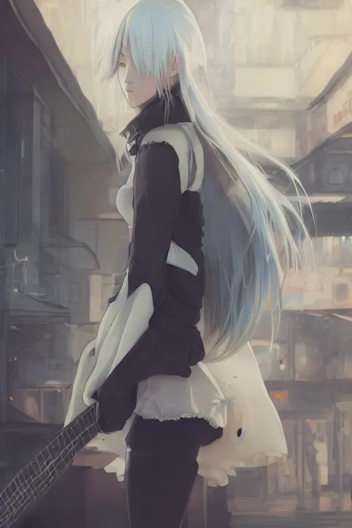 Image similar to a white haired girl with a guitar on her back shopping at a convenience store at night, grey and dark theme, s line, 4 5 angel by krenz cushart and mucha and makoto shinkai and akihito yoshida and greg rutkowski, nier : automata inspired, 4 k resolution