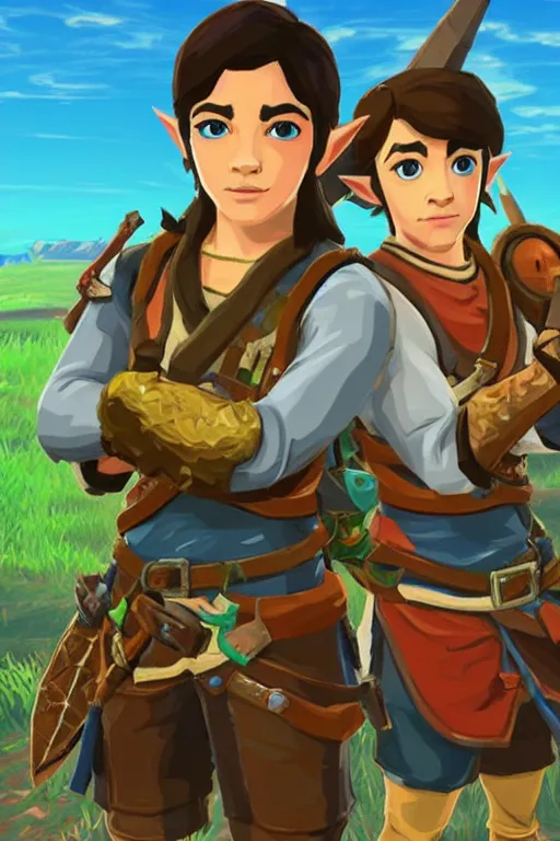 Image similar to an in game portrait of drake and josh from the legend of zelda breath of the wild, breath of the wild art style.