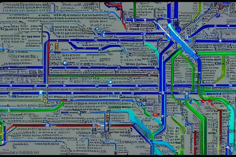 Image similar to dc metro map themed linux desktop environment, linux mint, computer wallpaper, in 1 9 9 5, y 2 k cybercore, industrial photography, still from a ridley scott movie