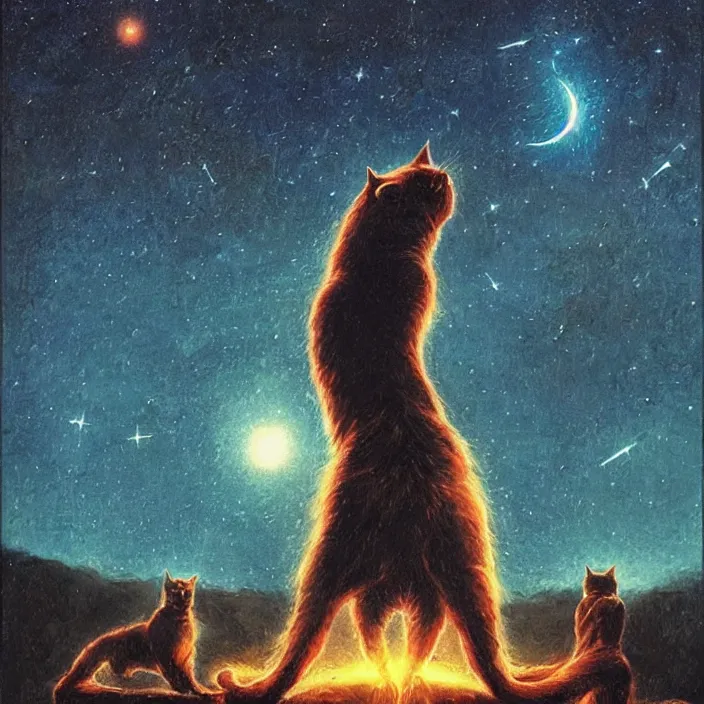 Image similar to cinematic humans praying to a giant cat god while there is a meteor shower that threatens to extinguish the world, dramatic pose, beautiful lighting, sharp details, hyper - detailed, hd, hdr, 4 k, 8 k, art by basil gogos