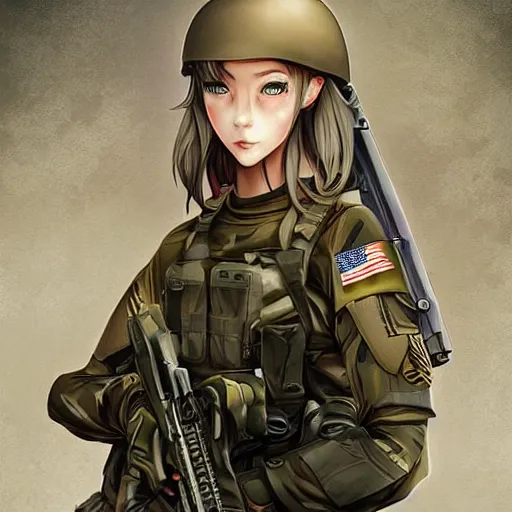 Image similar to anime girl in a united states army special forces uniform, cute face, digital art, portrait, anna dittmann