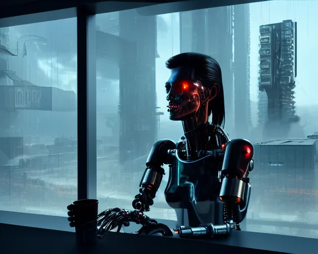 Image similar to terminator mechanical cyborg lady with borg enhancements and optical fibers and human face is drinking coffee near a window with dystopian city visible outside. very detailed 8 k. cyberpunk fantasy style. unreal engine render. global illumination. nanite. rtx. path tracing.