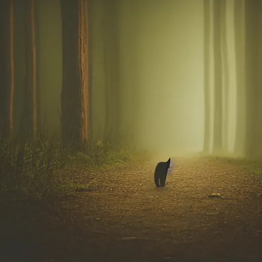 Image similar to a cat walks alone through the woods at night, gloomy, dark, foggy, night, ominous, dark color, atmospheric, cinematic lighting, intricate detail?
