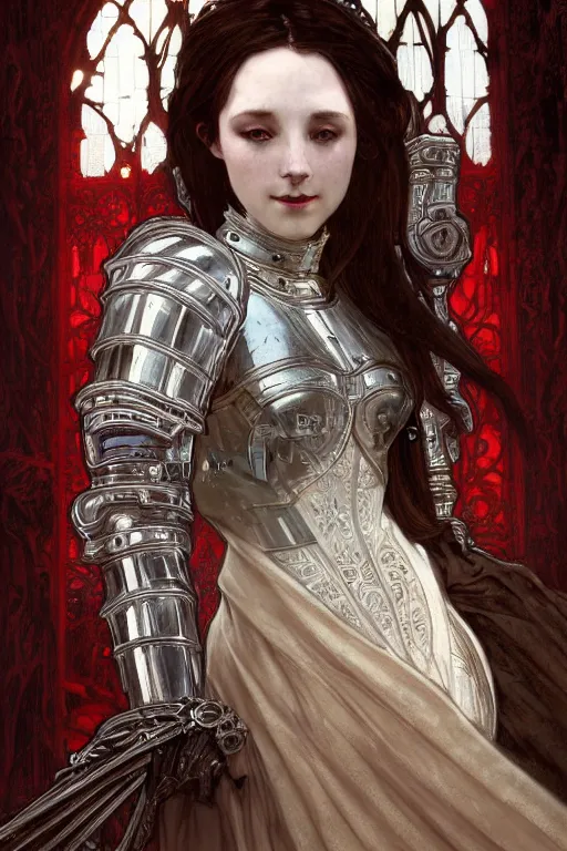 Prompt: beautiful luxury and elite and victorian and holy medieval female red and white silver mirror color armor knight portrait+smoky eyes+light flowing brown hair, in ruin gothic cathedral, ultradetail face, art and illustration by tian zi and craig mullins and WLOP and alphonse mucha, fantasy, intricate complexity, human structure, fantasy world concept, watermark, blurry, hyperrealism 8k