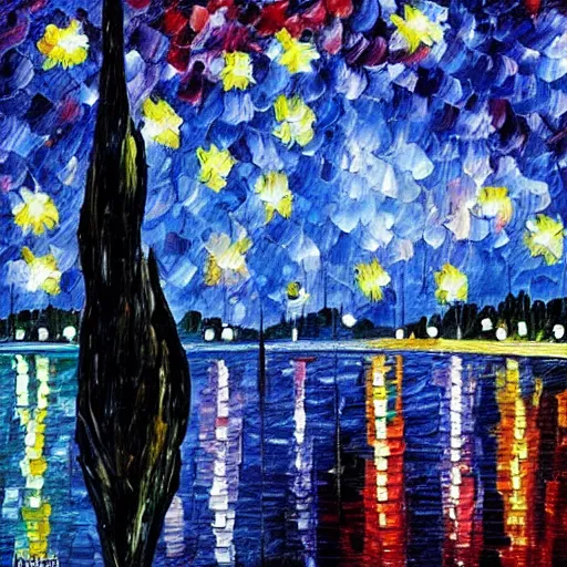 Image similar to starry night painting in the style of leonid afremov and georges seurat