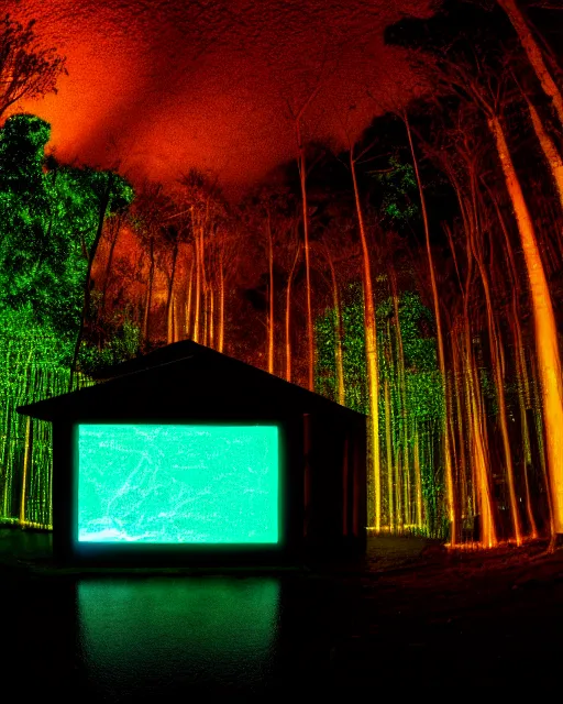 Prompt: building by diebedo francis kere, at night thermal vision rainforest lightpaint at dusk thermal imaging reclaimed by nature laser fisheye darkacademia forest myst hyperrealism, archdaily, wallpaper, highly detailed, trending on artstation.