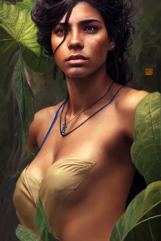 Prompt: photorealistic portrait of a young butch solarpunk cuban woman, handsome, female, masculine, upper body, fantasy, fierce, sharp features, intricate, elegant, highly detailed, digital painting, artstation, concept art, matte, sharp focus, illustration, art by artgerm and greg rutkowski and alphonse mucha