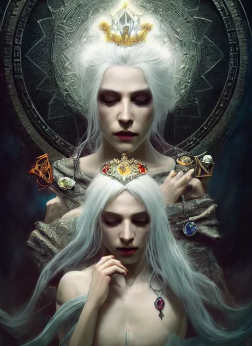 Prompt: a beautiful white haired queen, adorned with precious stone jewelry, intricate concept art, ominous, sinister dark fantasy, occult, spells, magic, enchanted, misty, dramatic lighting, dark lovecraftian background, octane render, 8 k, ruan jia and tom bagshaw and alphonse mucha