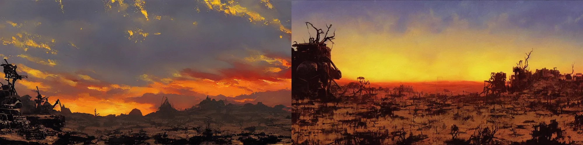 Prompt: very textured post apocalyptic panoramic cinemascope random background , sunset, dramatic sky , backlight , oil painting art by frazetta