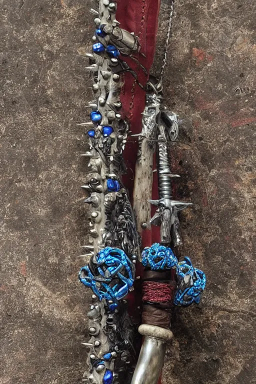 Image similar to a steel axe, all craftsdwarfship is of the highest quality. it is encrusted with blue garnet and encircled with bands of rope reed. this object is adorned with hanging rings of obsidian and menaces with spikes of leather, bone, and iron. on the item is an image of an elf in frog demon bone.