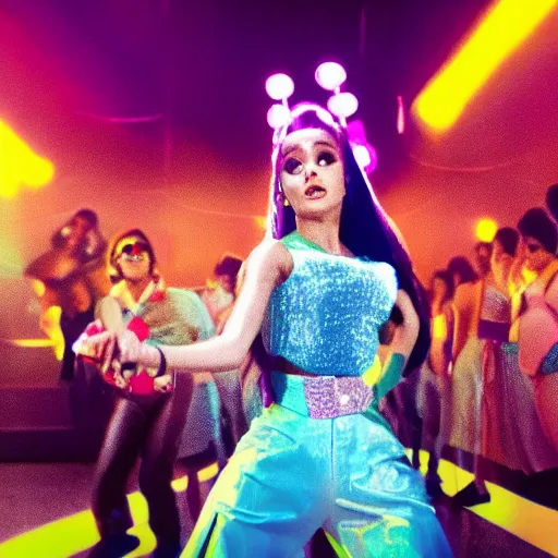 Image similar to cinematic movie still of ariana grande as a 1 9 7 0 s disco queen, 8 k hdr, action shot, movie still, hazy vibes, acid trip, fear and loathing