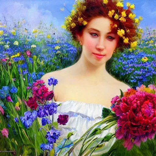 Image similar to a portrait of a romantic woman with flowers grow out of hair, roses peonies forget-me-nots dahlias lupins gladioli, sky theme in background, by Alexandr Averin, Digital Art, Trending on artstation